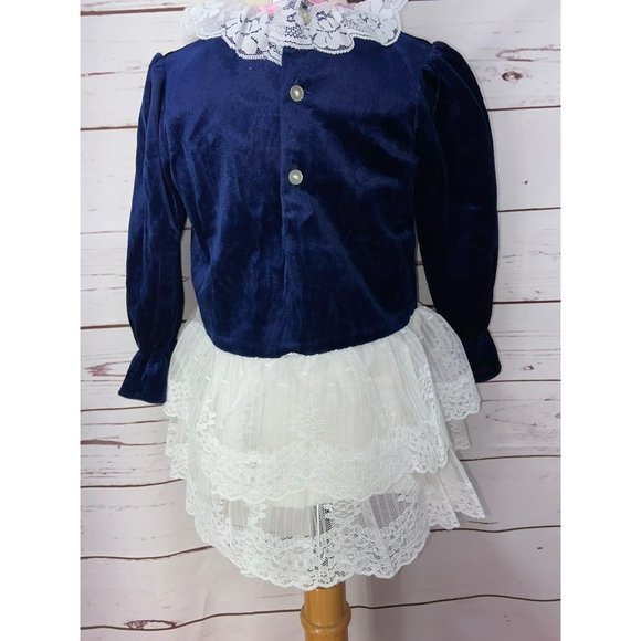 Allison Ann Blue Velvet White Lace Pink Bow Long Sleeves Size 2T Girls Dress Vin - Picture 2 of 11